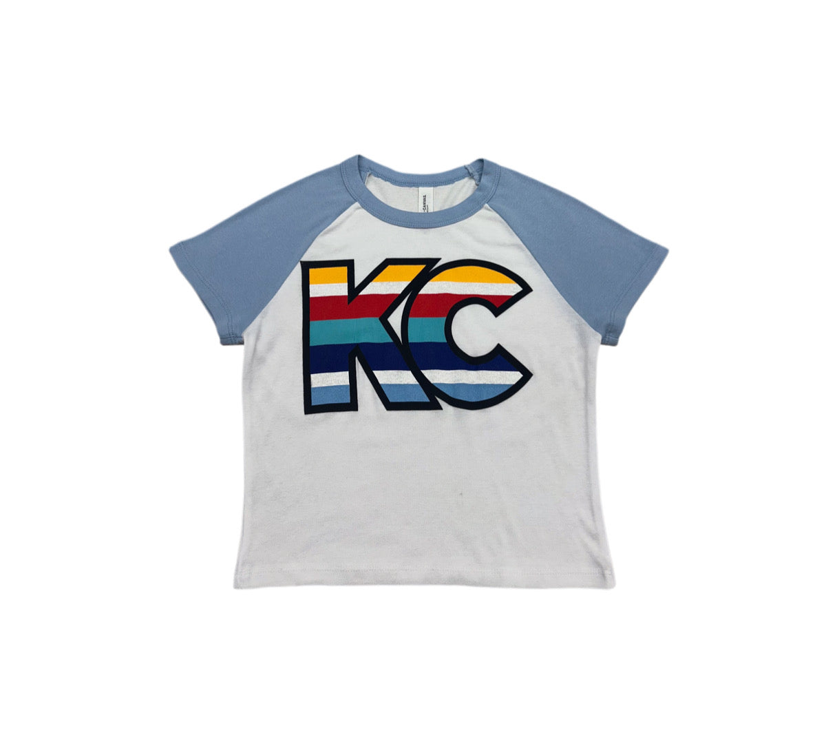 MISSY KC Women's Micro Rib Raglan Baby Tee in White/Baby Blue