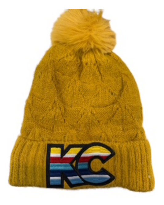 MADDIE Cable Knit Beanie Mustard with Black KC Patch