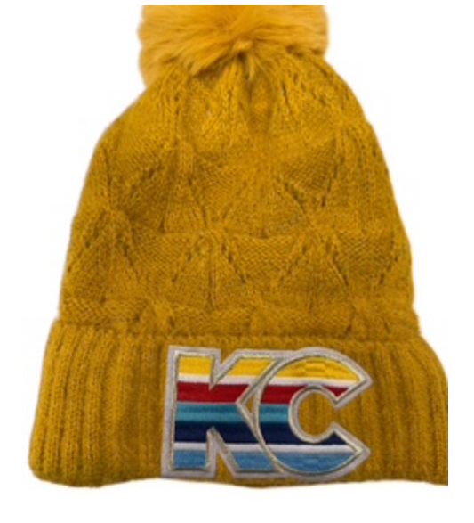 MADDIE Cable Knit Beanie Mustard with White and Gold KC Patch